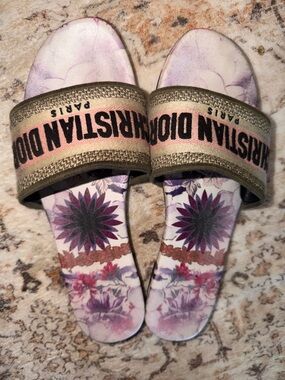 Dior Pink and Olive Embroidered Logo Slide Sandals